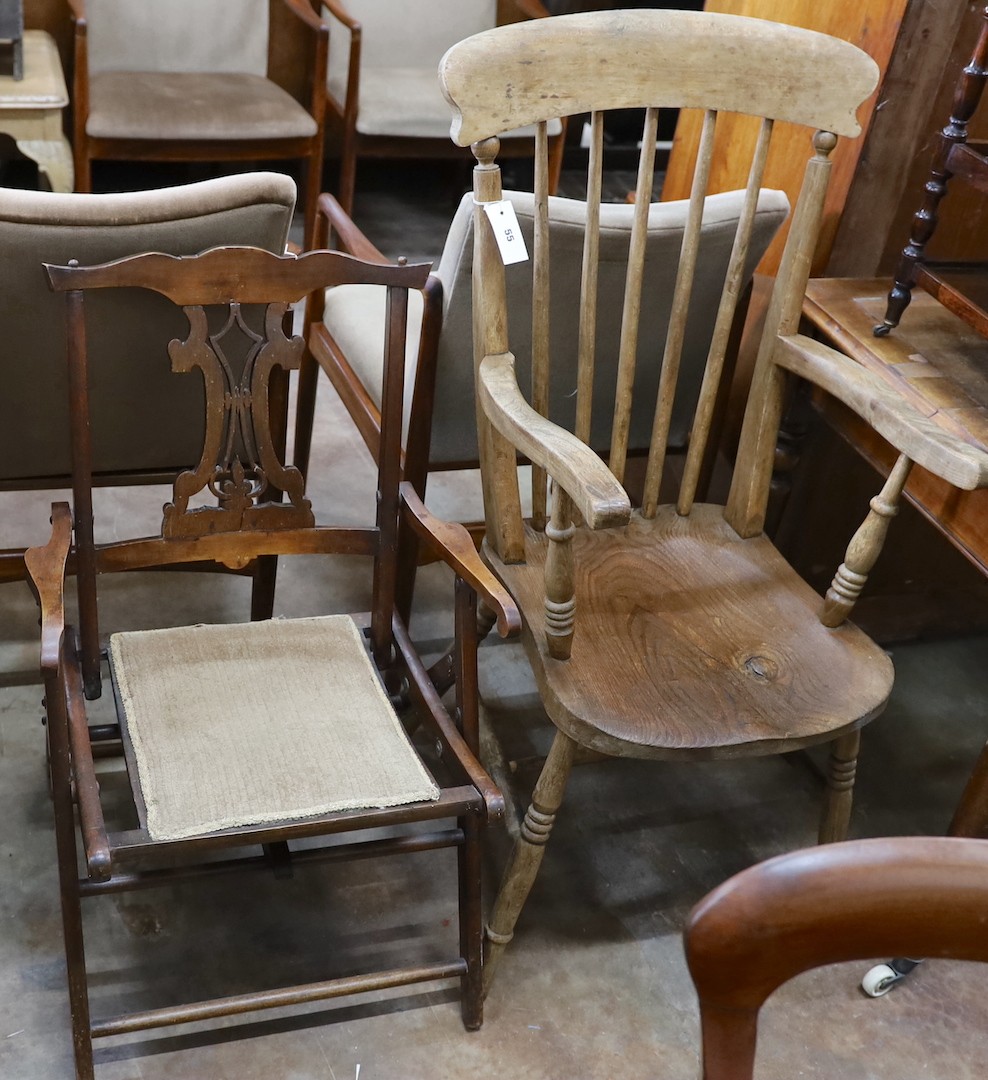 A Victorian elm and beech Windsor comb back armchair together with a late Victorian beech folding elbow chair